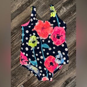OshKosh swimsuit navy with polka dots and flowers sz 24 months EUC